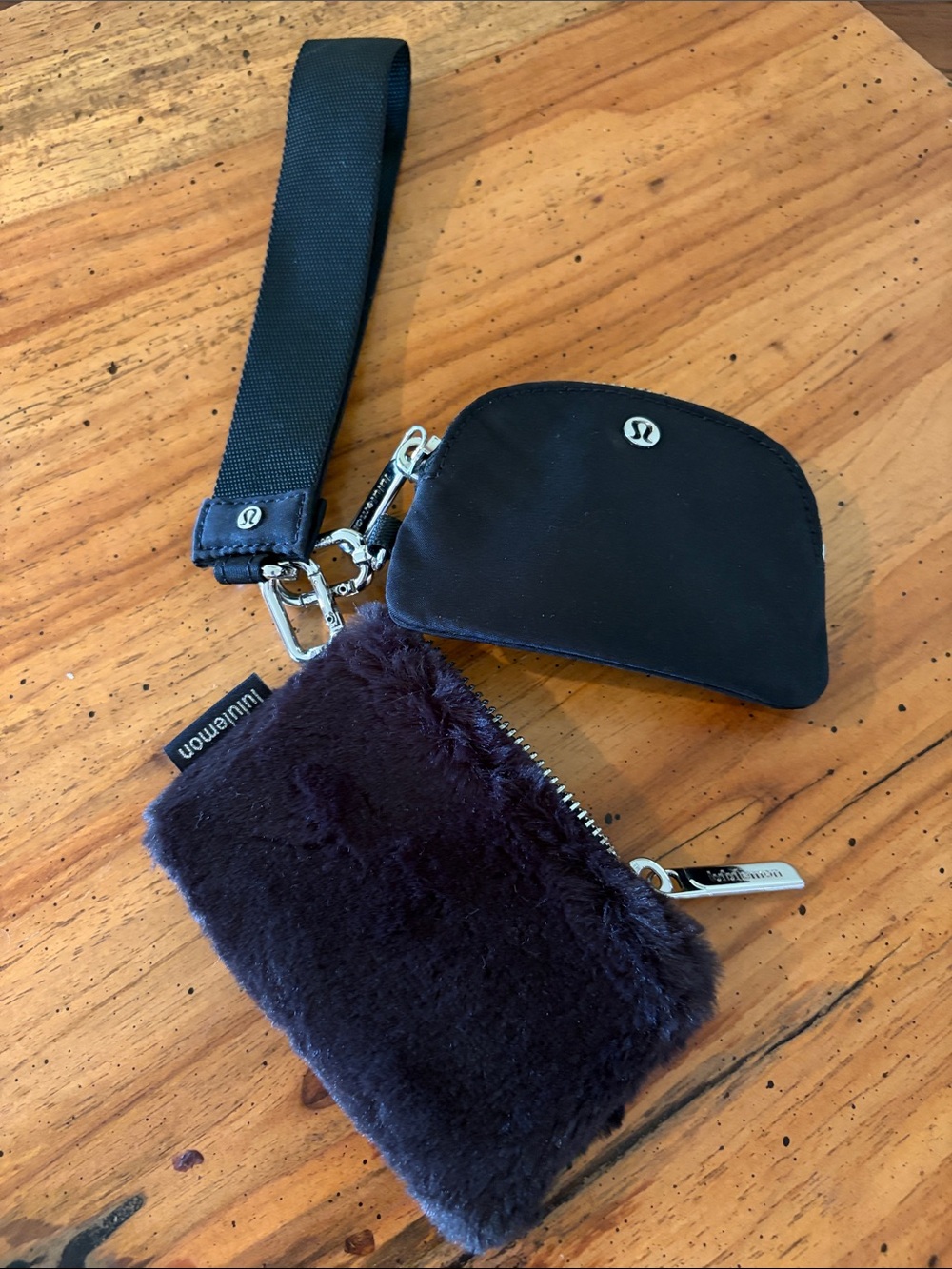Lululemon Black Wristlet Keychain Set with Faux Fur Pouch